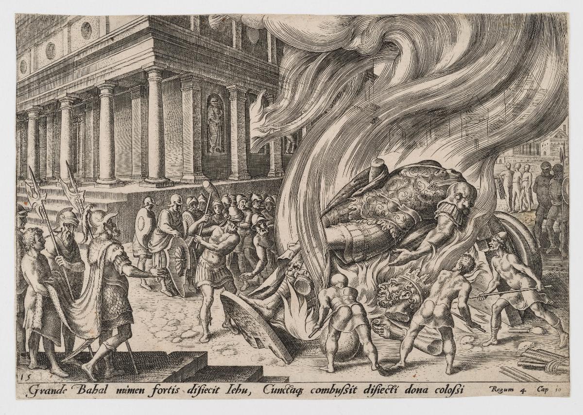 Jehu zerstört die Statue und den Tempel des Baal (2 Kön 10:26-27), Blatt 15 aus der Folge "Die Unglücke des jüdischen Volkes"