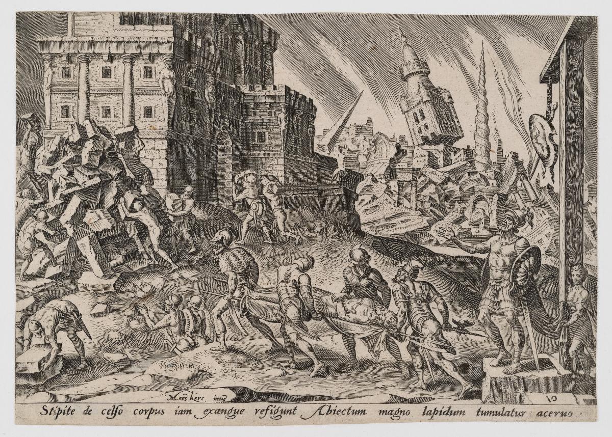 Die Leiche des Königs von Ai wird zum Stadttor gebracht (Jos 8:29), Blatt 10 aus der Folge "Die Unglücke des jüdischen Volkes"