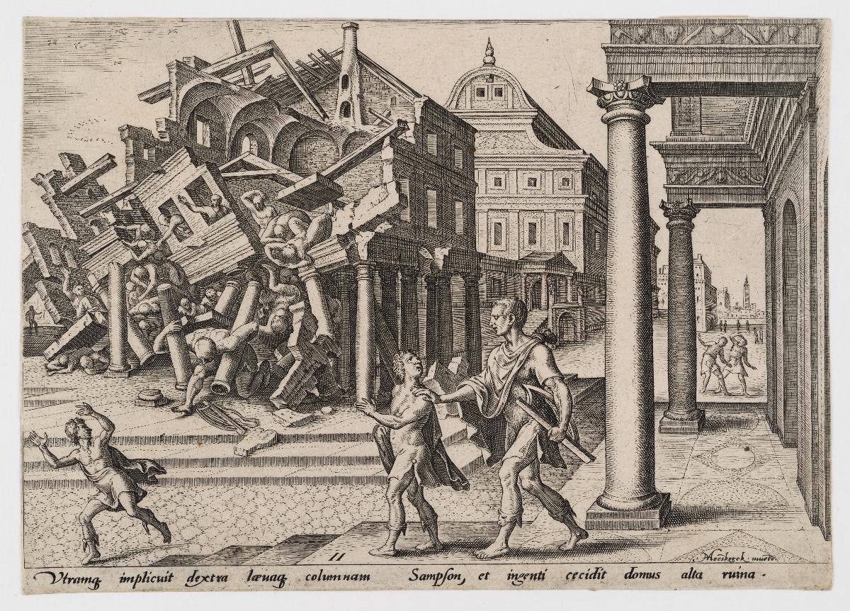 Simson wird aus dem Gefängnis geholt und zerstört den Tempel der Philister (Ri 16:25-30), Blatt 11 aus der Folge "Die Unglücke des jüdischen Volkes"