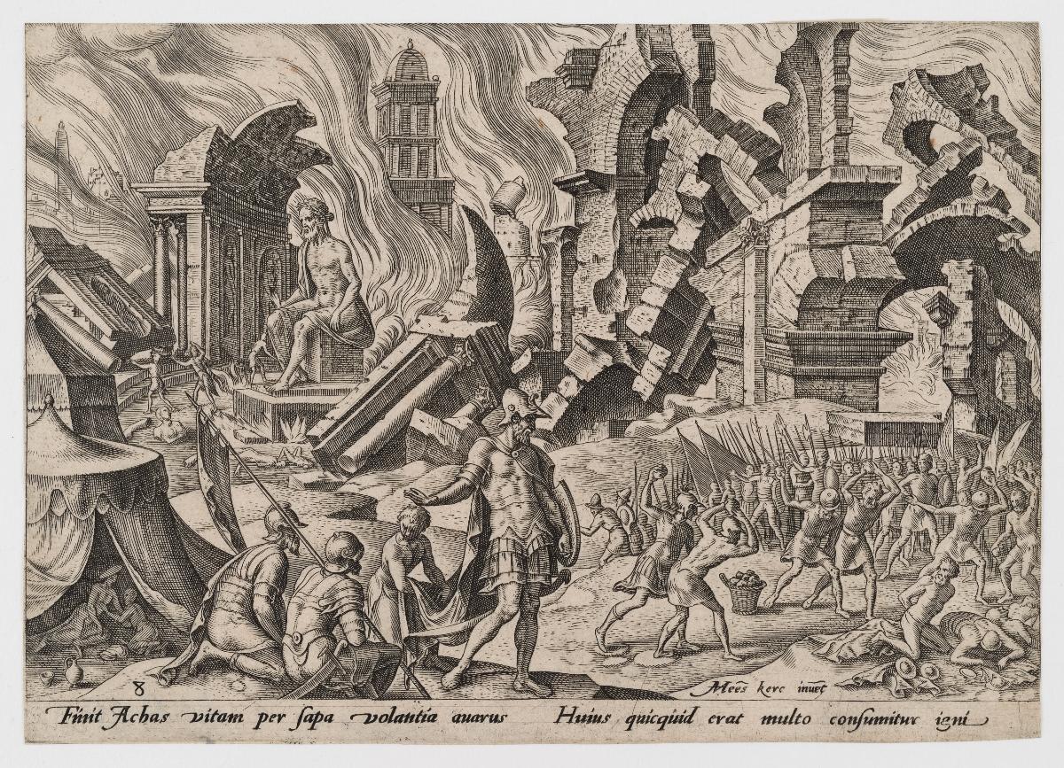 Die Zerstörung von Ai und die Steinigung Achans (Jos 7:25, 8:19-20), Blatt 8 aus der Folge "Die Unglücke des jüdischen Volkes"