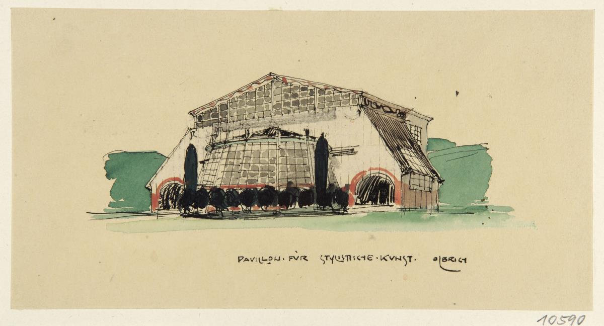 Darmstadt, provisorisches Galeriegebäude, Gebäude für Flächenkunst, vorbereitende Skizze, Perspektive