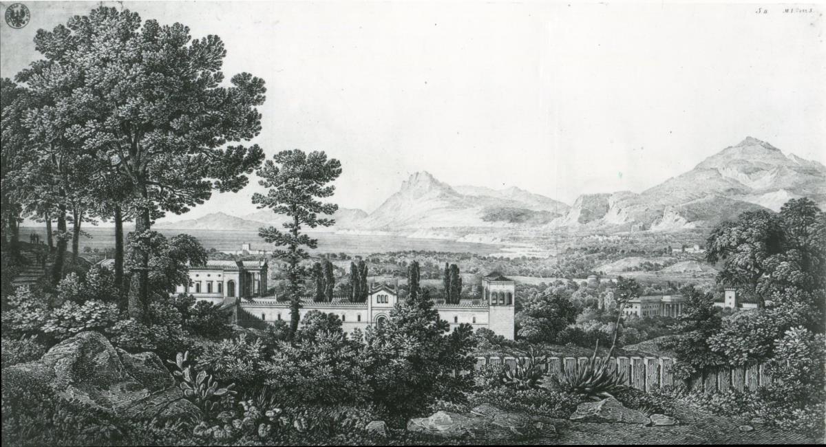 "Aussicht vom Palast des Prinzen Valguarnera auf einen Teil der Bagaria bei Palermo und den Golf von Cefalù"