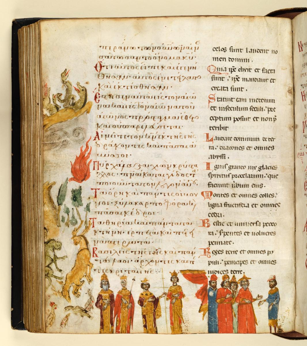Psalterium und Breviarum graeco-latinum: Textseite mit Randzeichnungen: Die Drachen der Erde, Wind, Hagel Feuer, Berge, Bäume, Hirsche, Löwen, Raben, ein Hase, Kaiser und Kaiserin, König und Königin, Richter