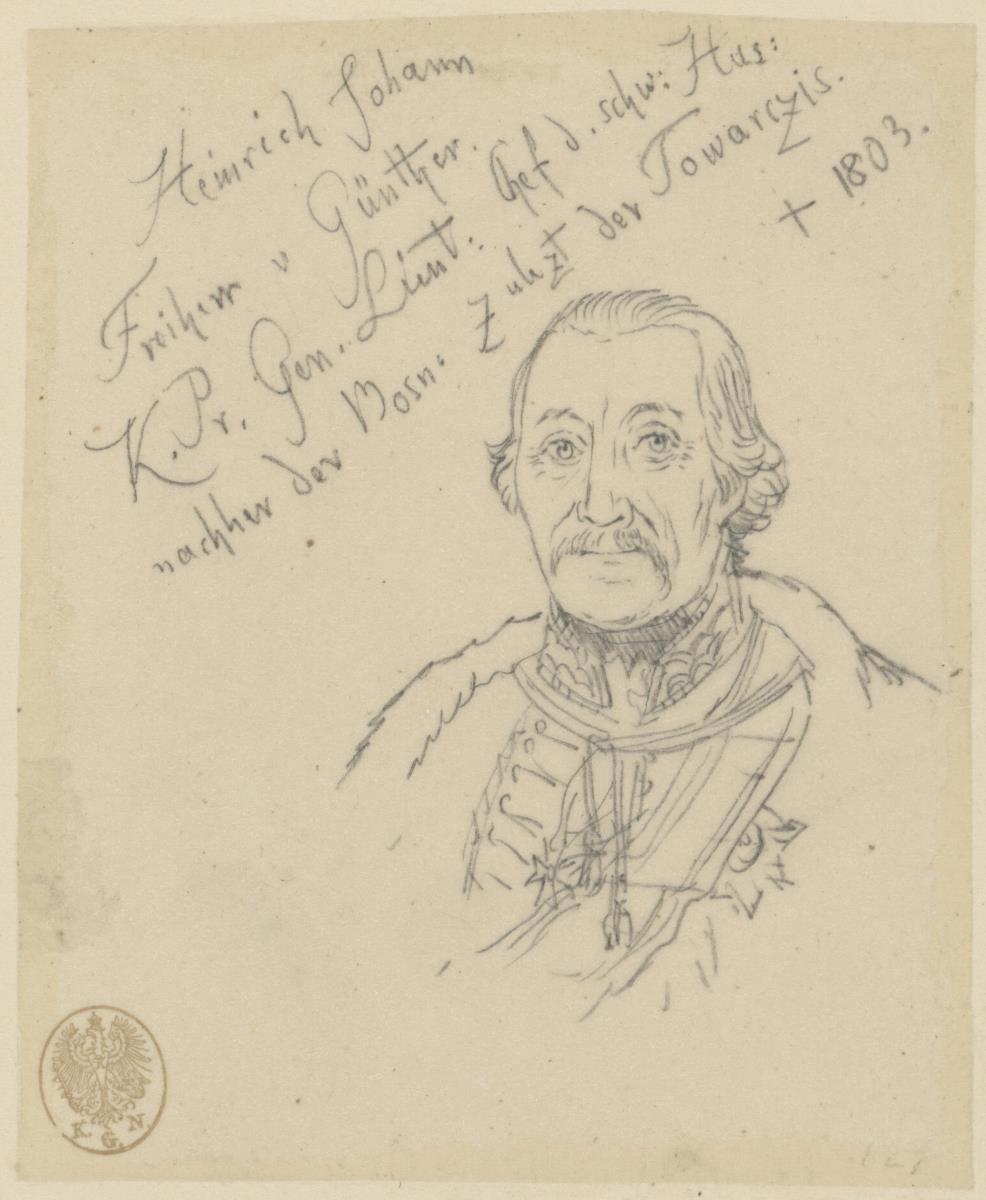 Heinrich Johann Freiherr von Günther, Generalleutnant, Brustbild en face. Durchzeichnung