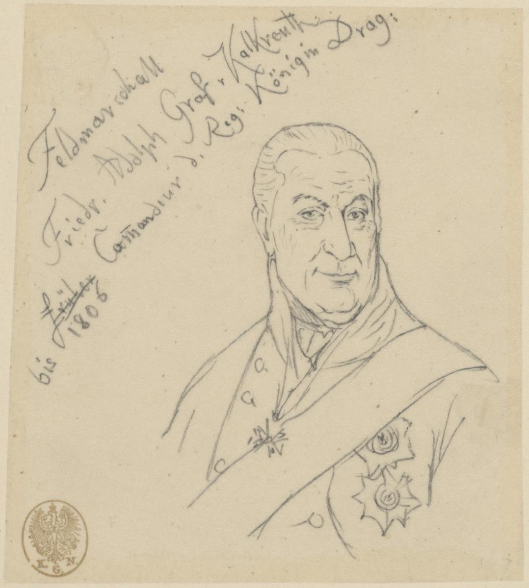 Friedrich Adolf Graf von Kalckreuth, Kommandeur des Regiments Königin-dragoner Nr. 5, Brustbild nach links. Durchzeichnung