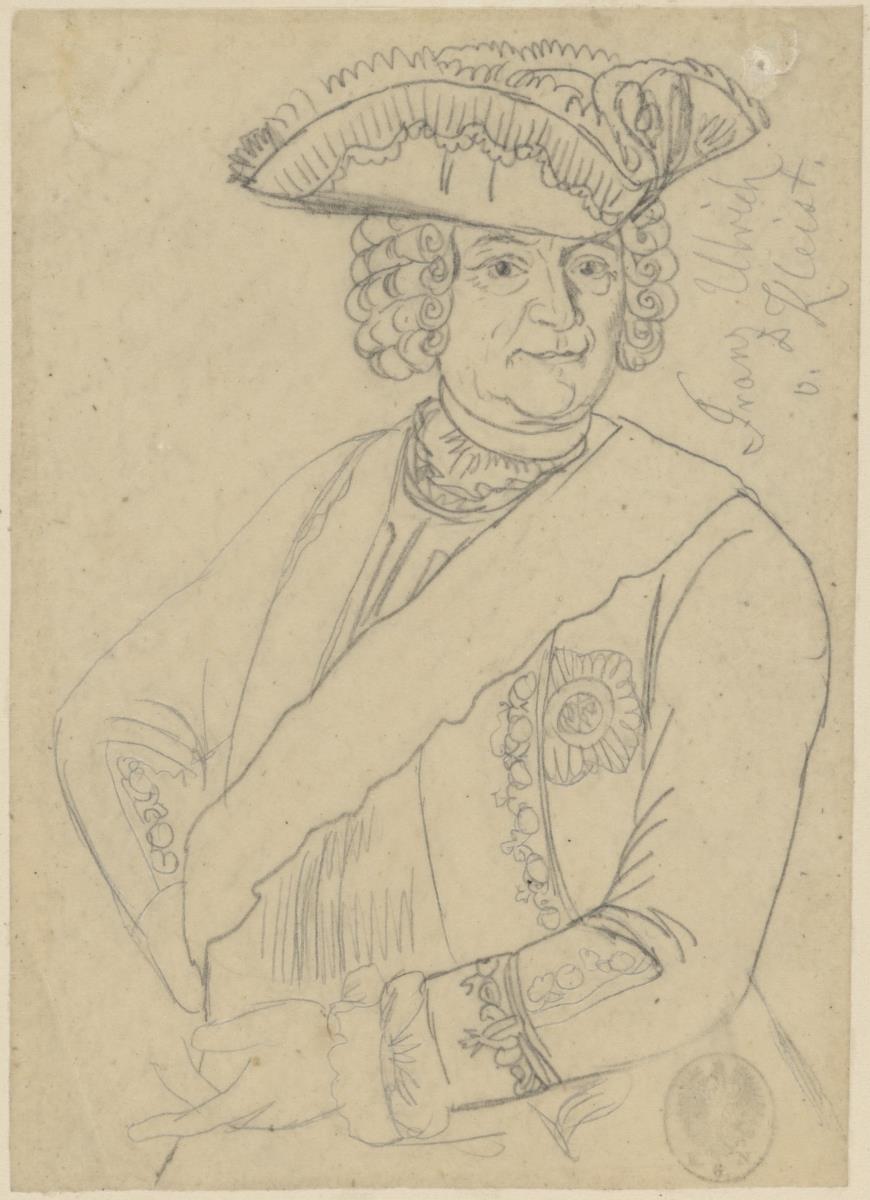 Franz Ulrich von Kleist, Generalleutnant, Halbfigur etwas nach links, Kopf nach rechts. Durchzeichnung