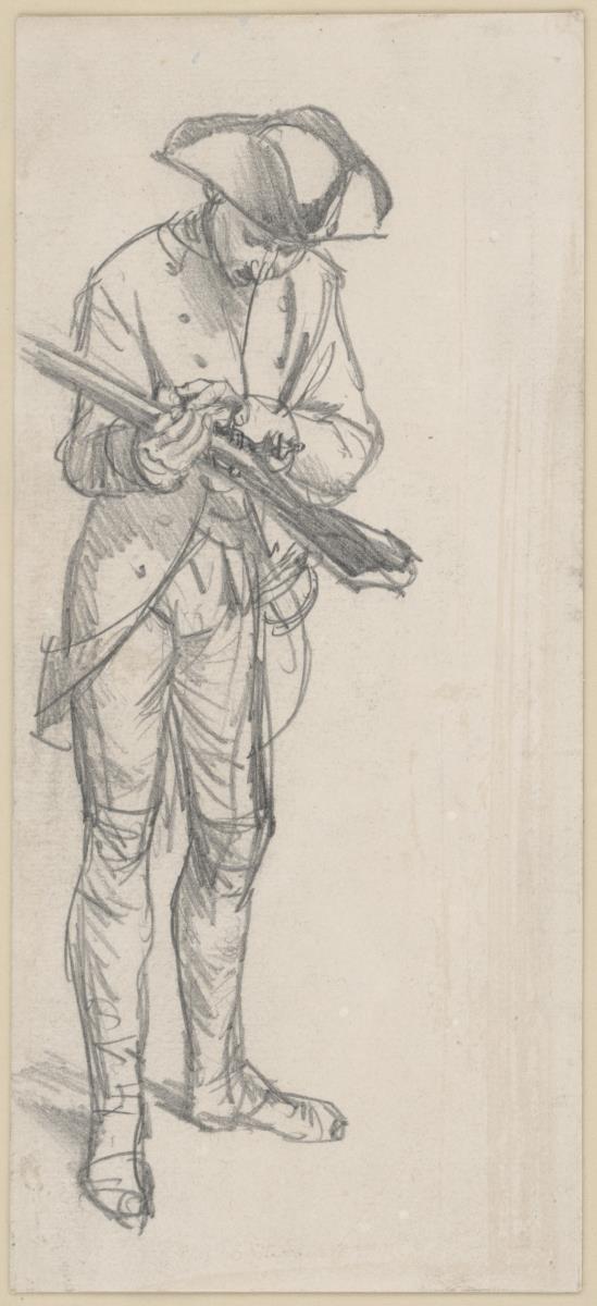Infanterist, das Gewehrschloss prüfend