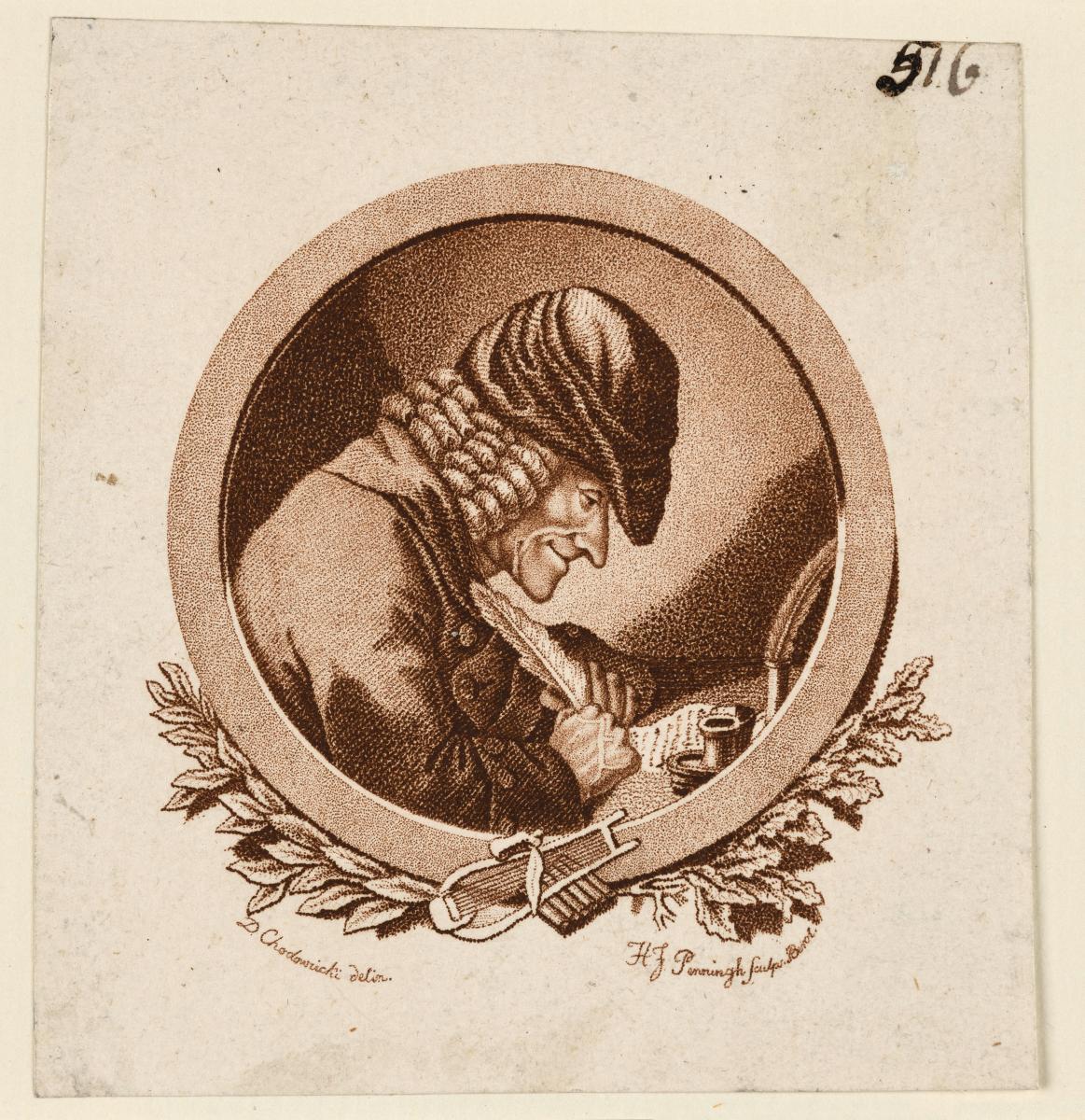 Voltaire schreibend am Tisch