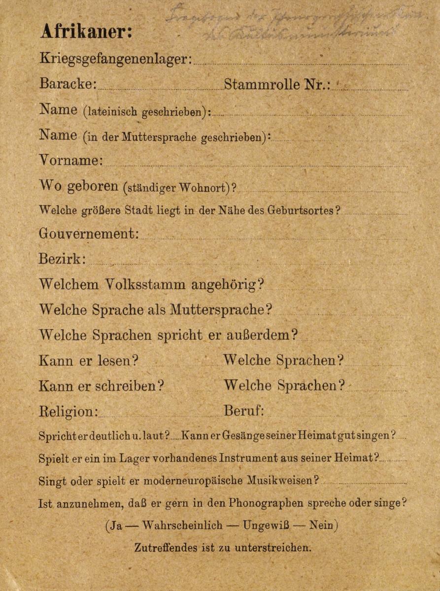 Fragebogen der Phonographischen Kommission des Kultusministeriums für Afrikaner