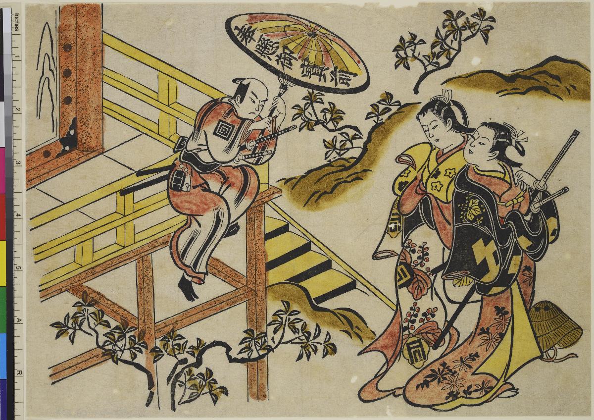 Die Schauspieler Ichikawa Danjūrō II, Sanogawa Mangiku und Fujimura Handayū II