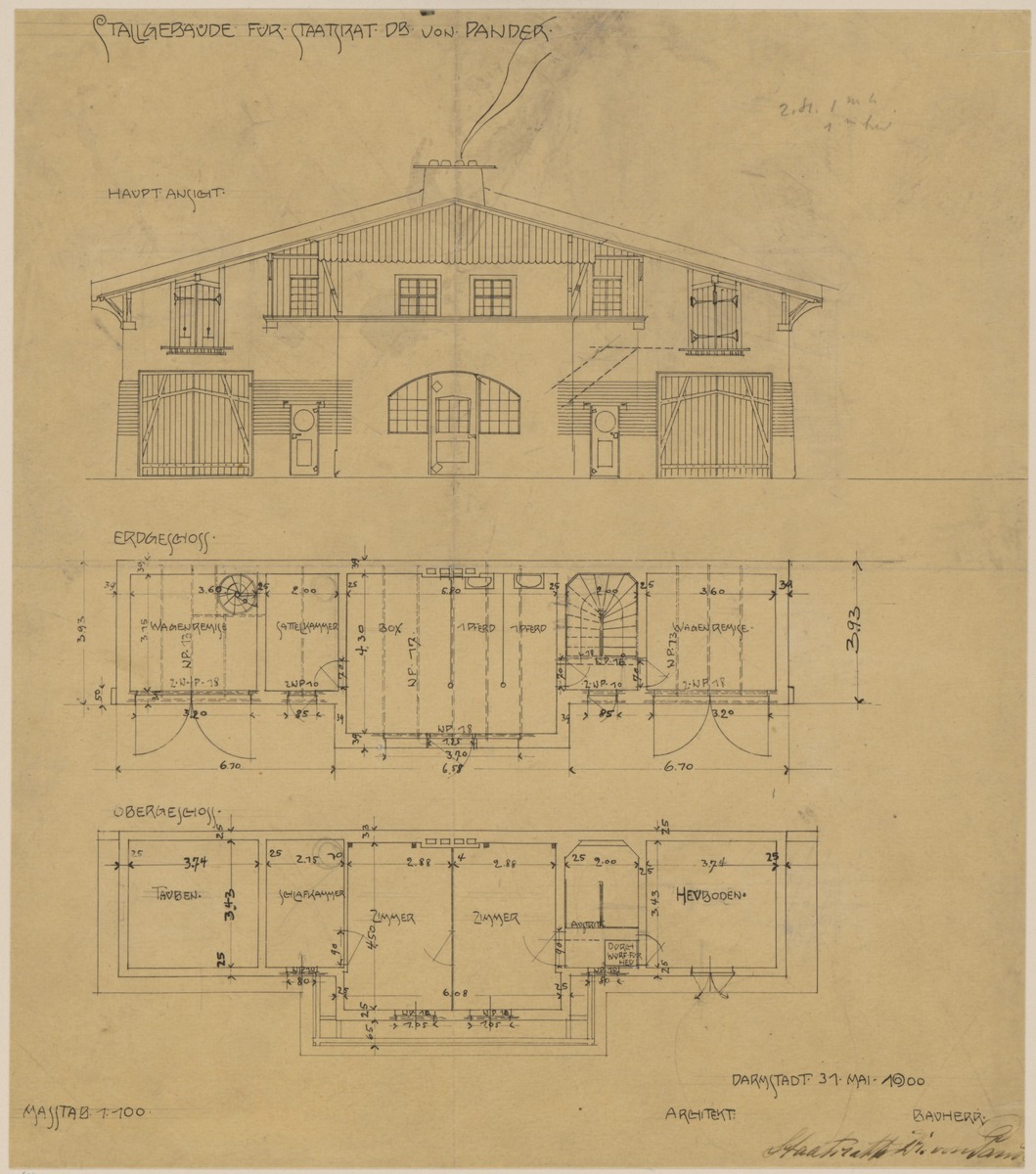 Darmstadt, Projekt Wohnhaus und Stallgebäude für Dr. von Pander, Aufriss der Hauptfassade sowie Erdgeschoss und Obergeschoss-grundriss des Stallgebäudes