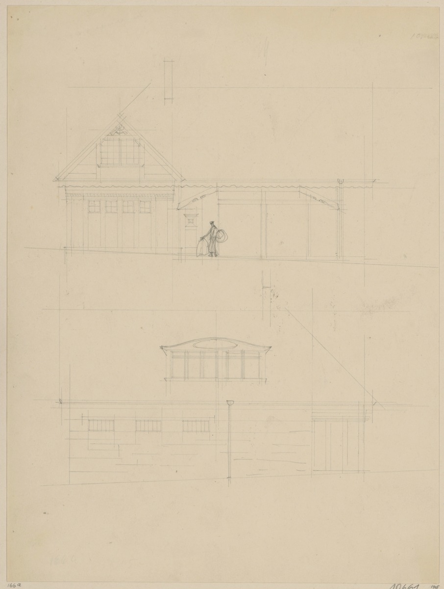 Darmstadt, Projekt Stallgebäude für Julius Glückert, erste Version, Aufrisse der West und Ostfassade