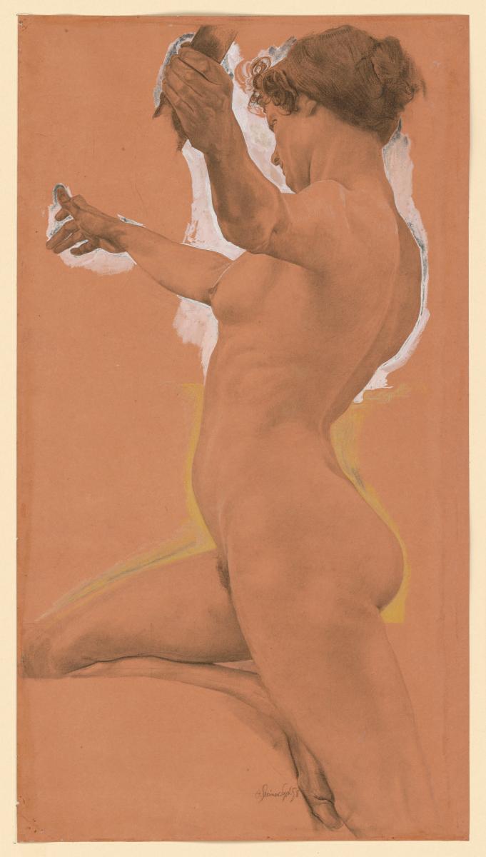 Stehender weiblicher Akt mit ausgebreiteten Armen. Studie zu: Odysseus und die Sirenen