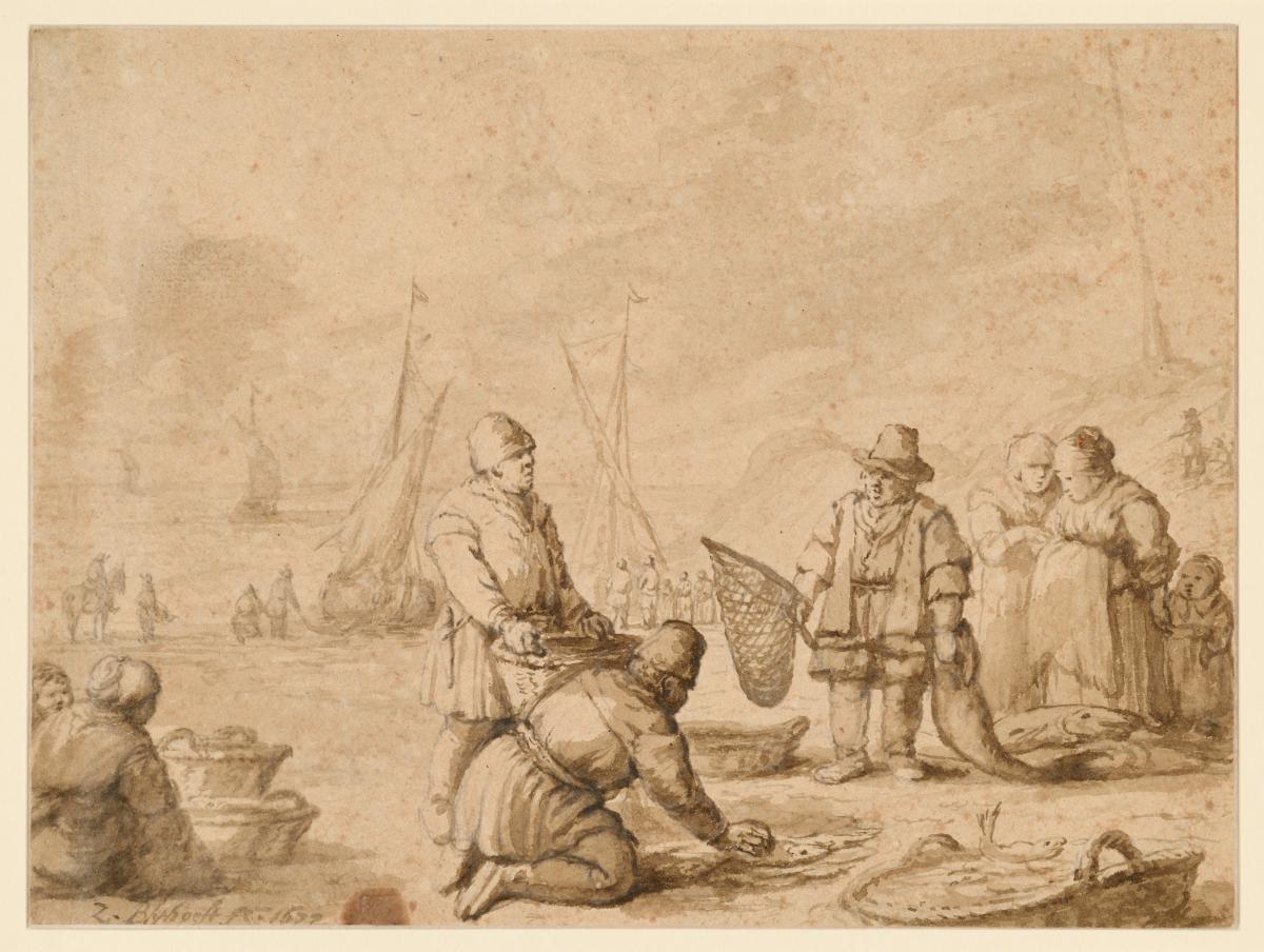 Strand mit Fischern, links die offene See
