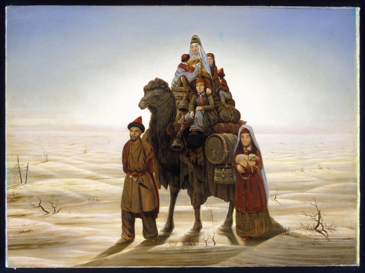 Eine Kirgisen-Familie auf der Wanderung