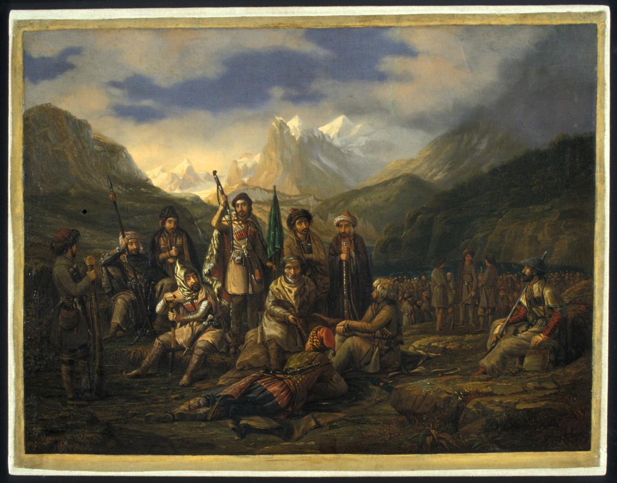 Eine Gruppe kriegerischer Gebirgsbewohner im Kaukasus