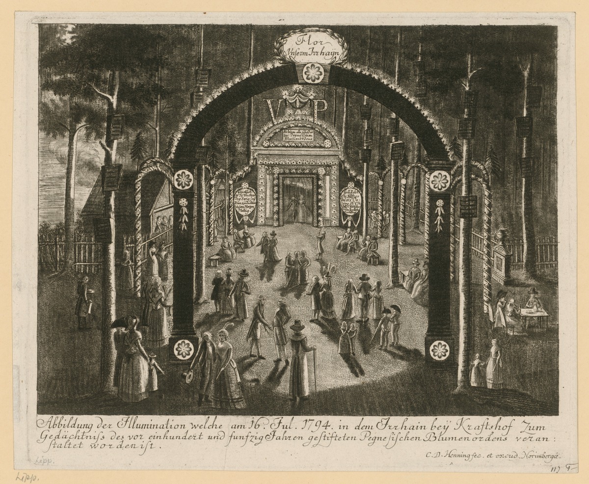 Abbildung der Illumination, welche am 16. Jul. 1794 in dem Irrhain bey Kraftshof zum Gedächtniß des vor einhundert und funfzig Jahren gestifteten Pegnesischen Blumenordens veranstaltet worden ist. C. D. Henning fec. et excud. Norimbergae.