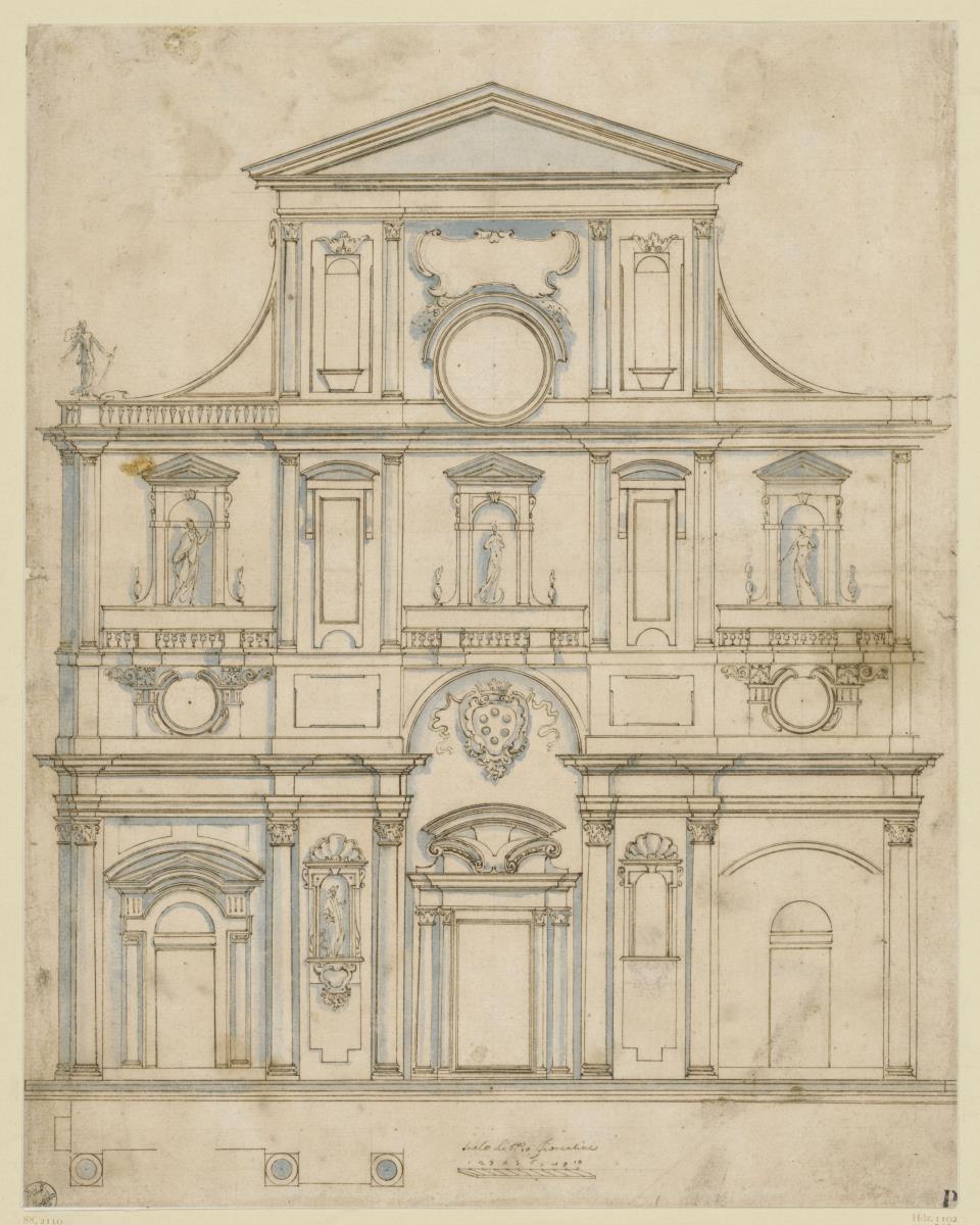 Entwurf der neuen Domfassade zu Florenz, Aufriss, Teilgrundriss