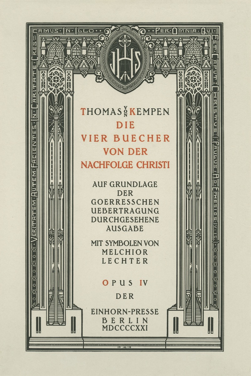 Probedruck des Titelblattes zu Thomas von Kempen Die vier Bücher von der Nachfolge Christi