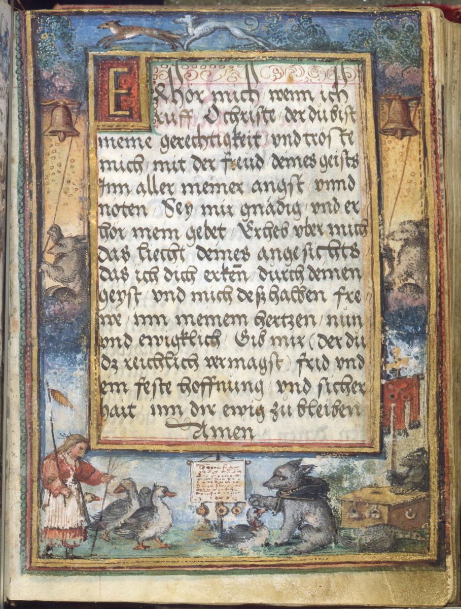 Psalter des Grafen Karl Wolfgang zu Oettingen. Textfeld mit Initial E und Leistenumrahmung mit Tiersatire auf den Ablaßhandel