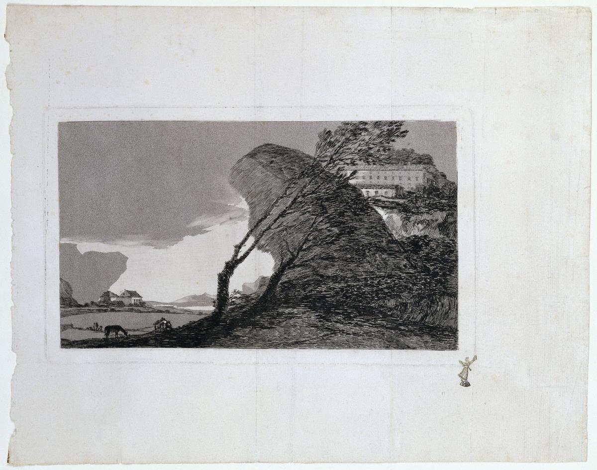 Paisaje con peñasco, edificios y árboles