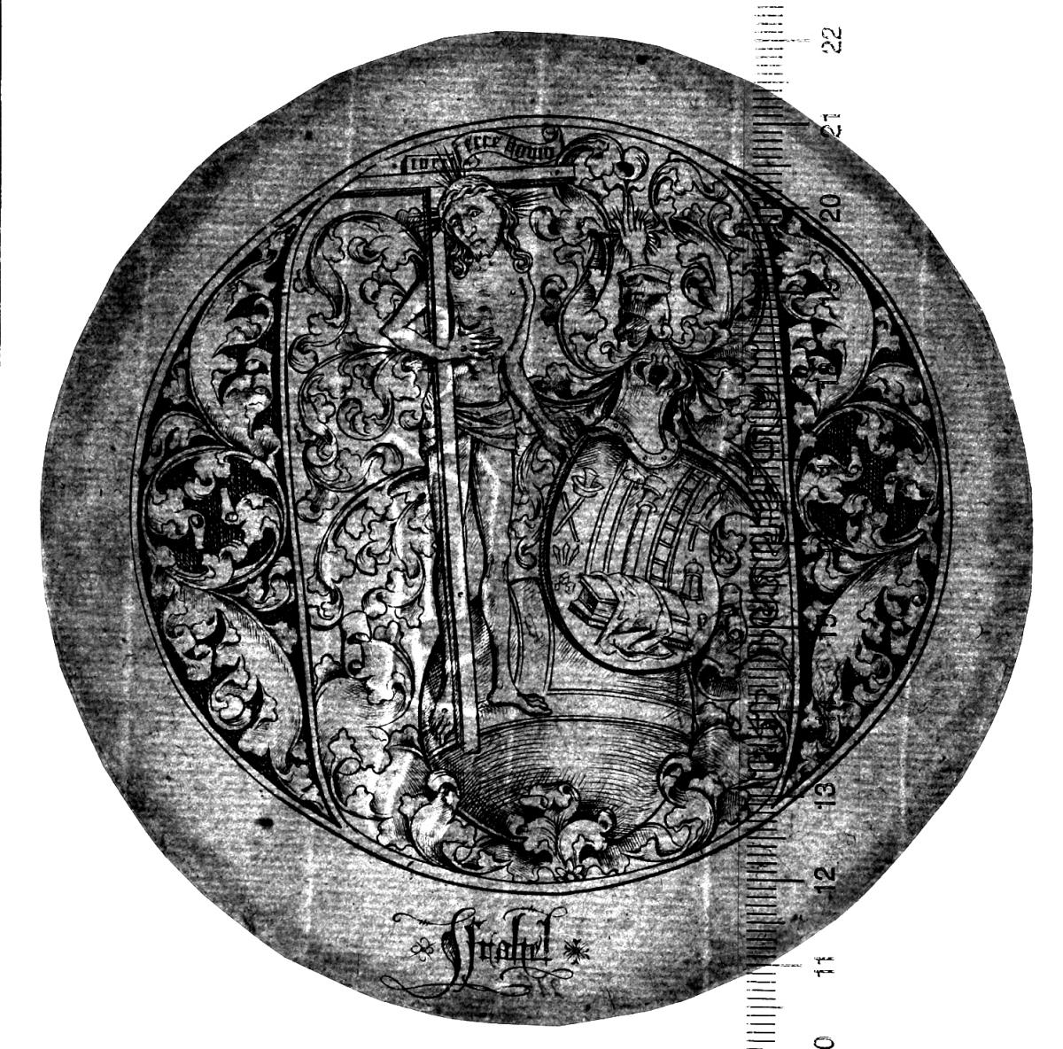 Schmerzensmann mit den Leidenswerkzeugen in einem Initial-O