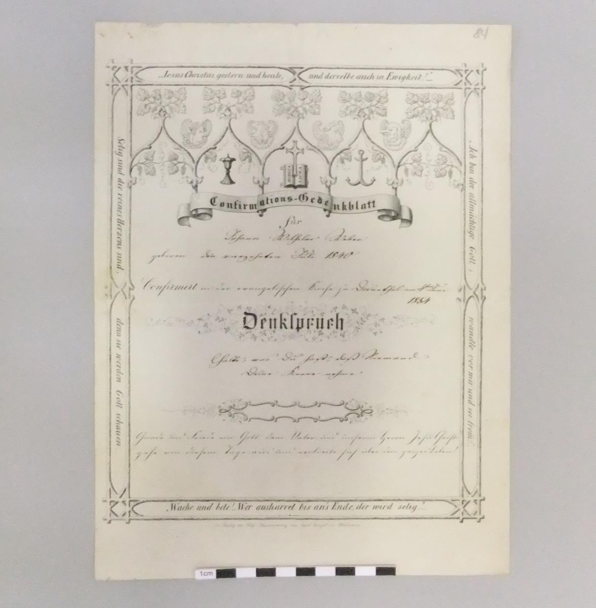 Confirmations-Gedenkblatt für Johann Wilhelm Weber, 1854