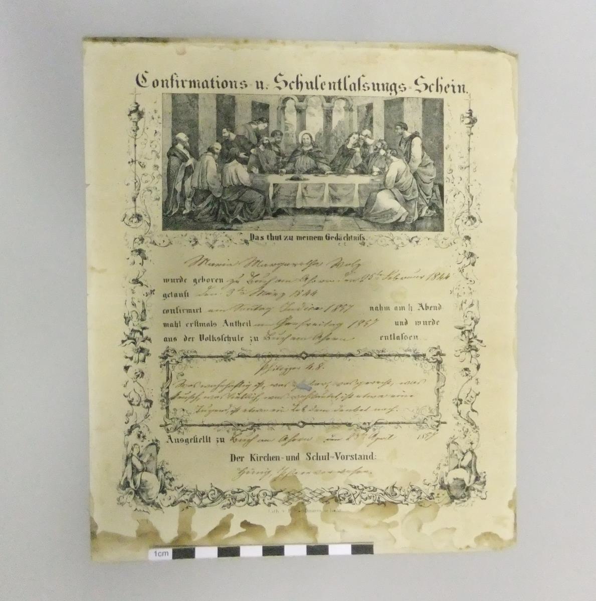 Confirmations- u. Schulentlassungs-Schein für Maria Margareta Walz, Nr. 1