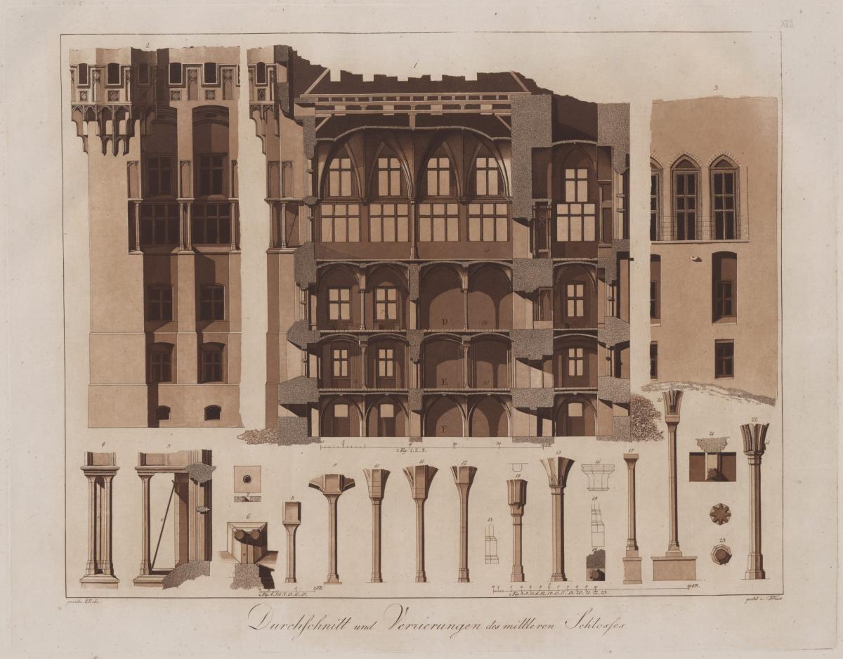Schloss Marienburg in Preussen. Durchschnitt und Verzierungen des mittleren Schlosses