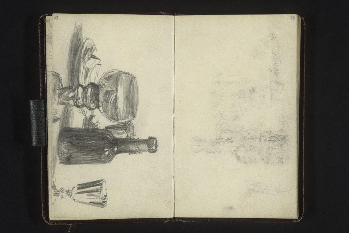 Stilleben auf einem Tisch: Flasche, Gläser und Teller