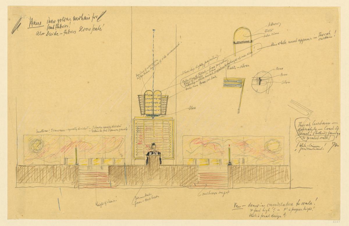 Missouri, Vereinigte Staaten. Synagoge und Gemeindezentrum B`Nai Amoona, University City, St.Louis. Skizzen zur Estrade - Teilaufriß der Estrade und vier Details zur Bekrönung des Toraschreins