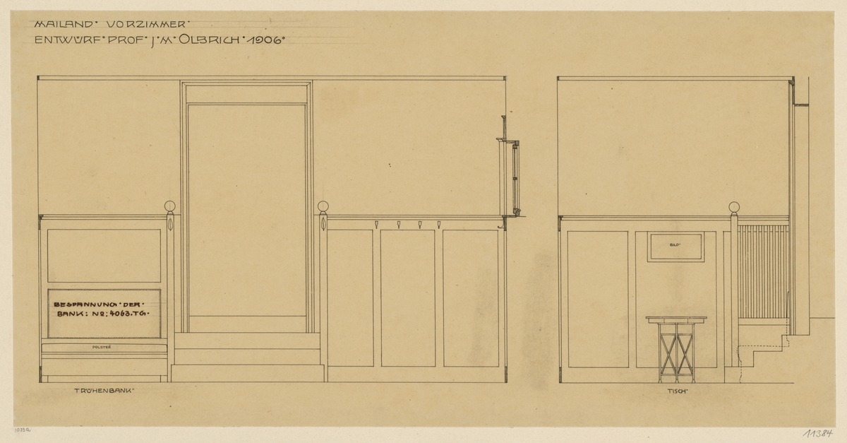 Mailand, Zimmer auf der internationalen Ausstellung, Vorzimmer, Aufrisse zweier Wände
