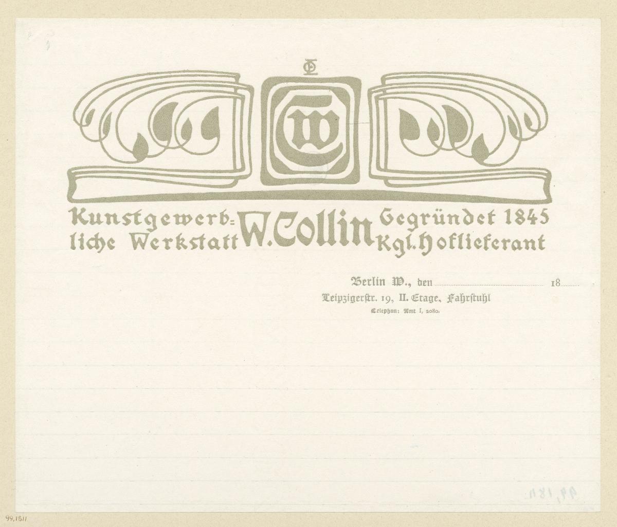 Briefpapier mit Briefkopf der Kunstgewerblichen Werkstatt W. Collin