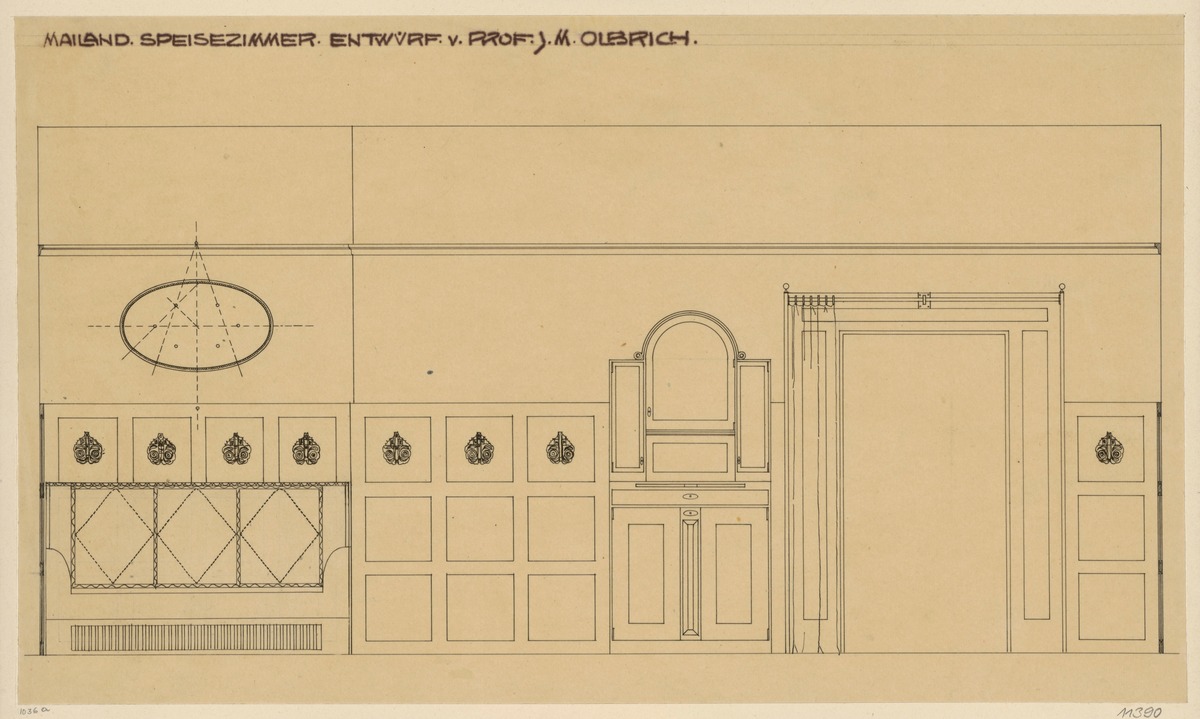Mailand, Zimmer auf der internationalen Ausstellung, Speisezimmer, Aufrisse der Sitznische und der Eingangswand