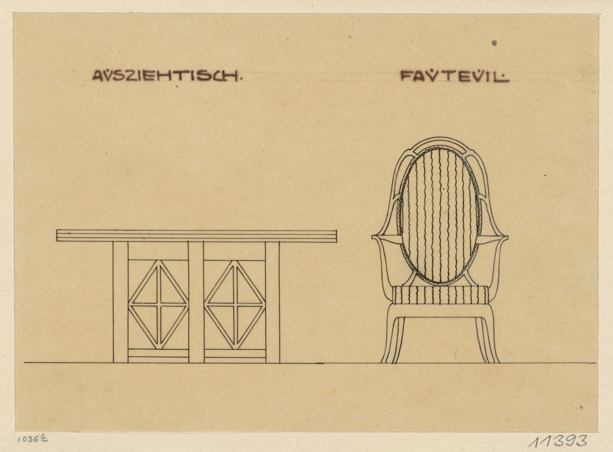 Mailand, Zimmer auf der internationalen Ausstellung, Speisezimmer, Aufrisse von Tisch und Sessel