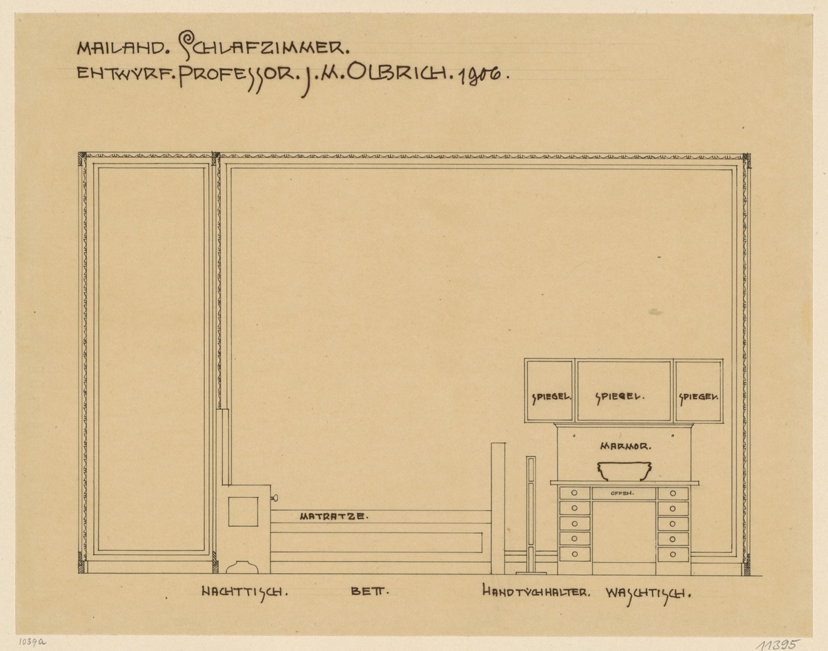 Mailand, Zimmer auf der internationalen Ausstellung, Schlafzimmer, Aufriss der Wand mit Bett und Waschtisch