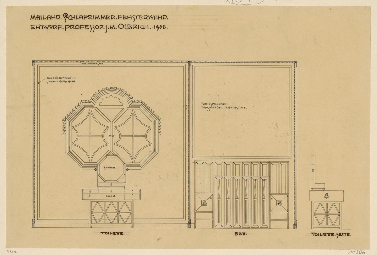 Mailand, Zimmer auf der internationalen Ausstellung, Schlafzimmer, Aufriss der Fensterwand und Seitenansicht des Toilettentisches