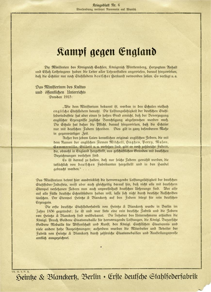 Kriegsblatt Nr. 6 Kampf gegen England