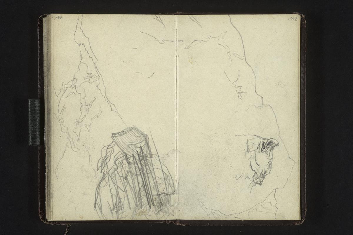 Frau und Kind mit Hut (verworfen), Katzenkopf, Landschaftsumrisse