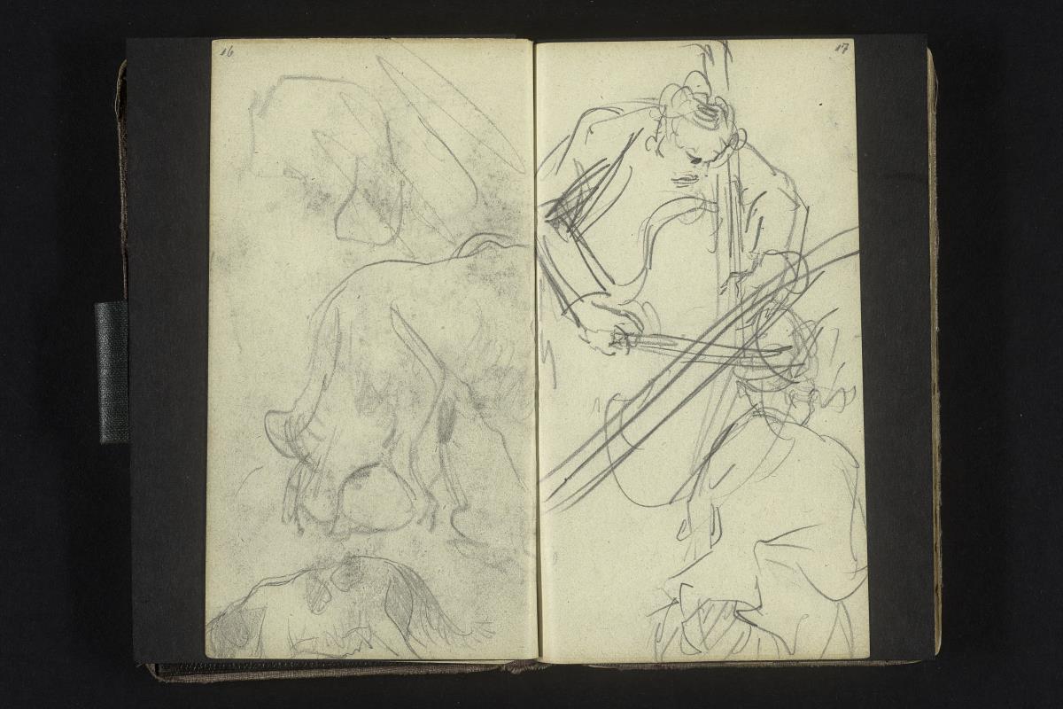 Hundestudien, Cellospieler, Frauengestalt