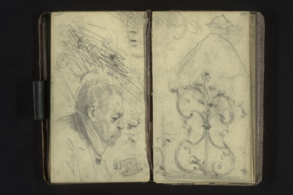 Kopfstudien (teils verworfen), in einem kleinen Buch lesender Mann schmiedeeisernes Gitter, Umriss eines Mannes von hinten