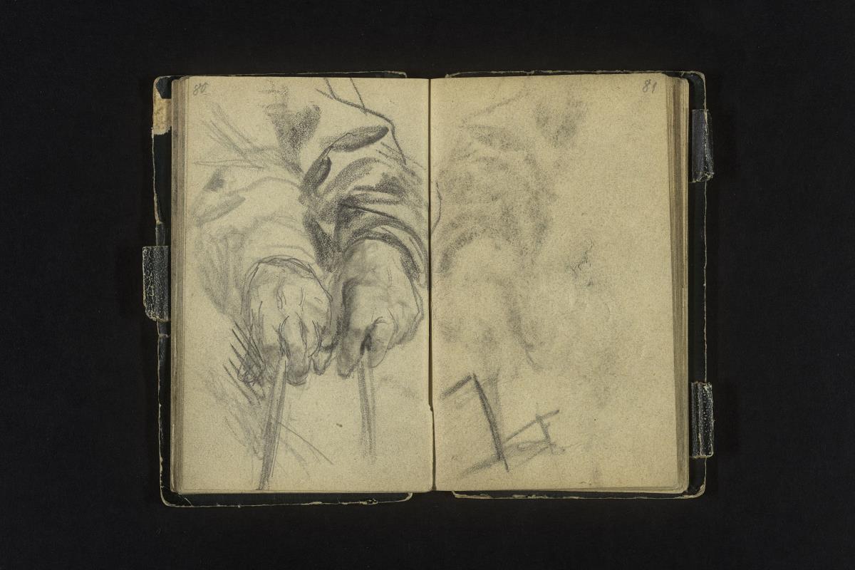 Zwei Studien einer linken Hand, einen Taktstock (?) führend