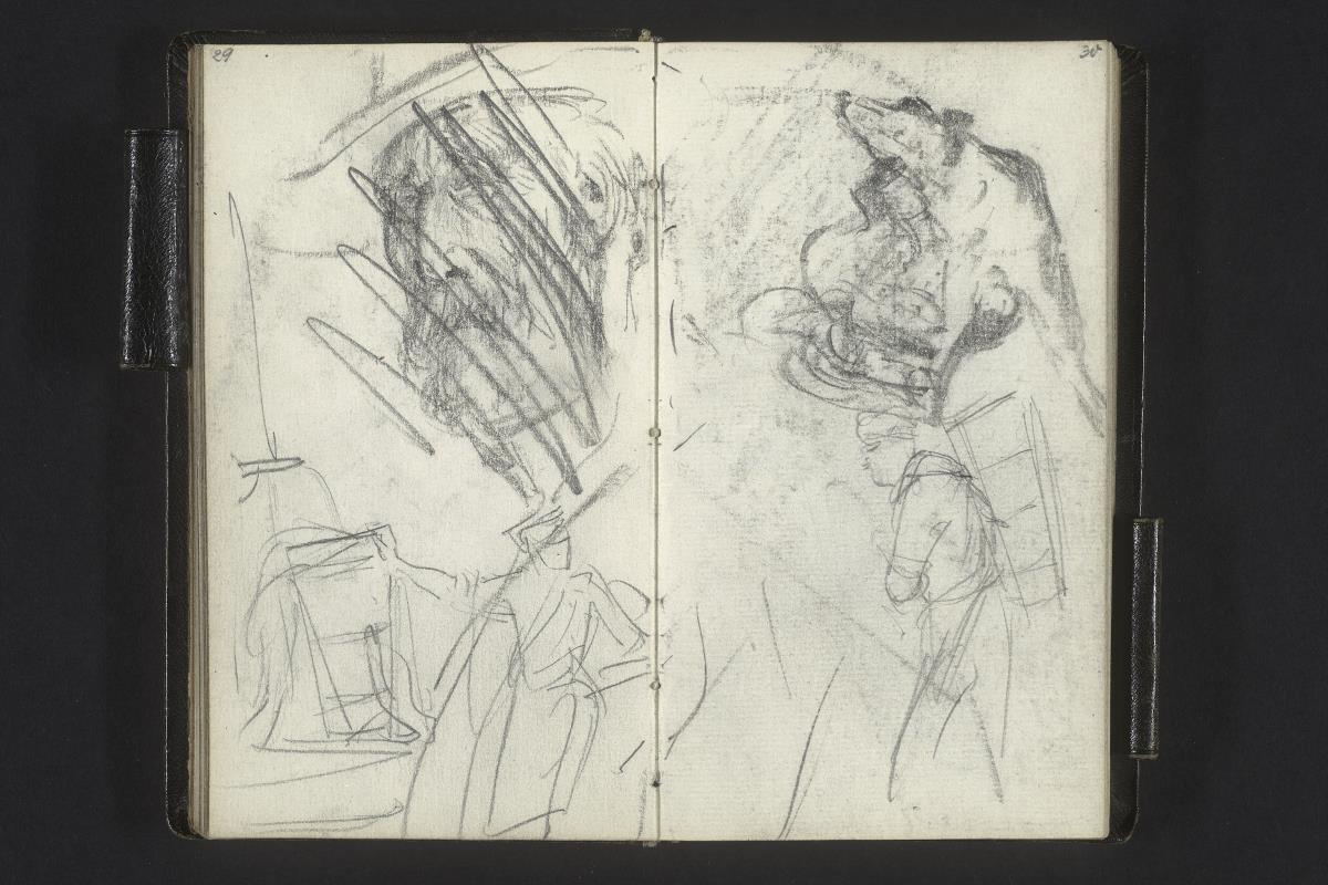 Kopf eines alten Mannes mit Hut (verworfen), Figur mit ausgebreiteten Armen, Gestalt mit Kiepe auf dem Rücken