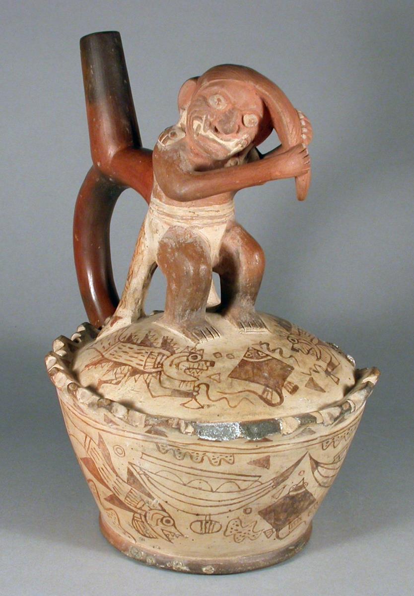 Fineline Painting: Fische und anthropo-zoomorphe Figuren; Applikation: anthropo-zoomorphe Figur sich den Haarschopf haltend