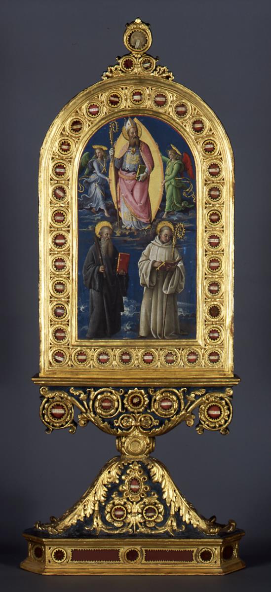 Der Kirchenvater Augustinus in der Glorie mit zwei Engeln und den Heiligen Benedikt und Bernhard (Reliquar)