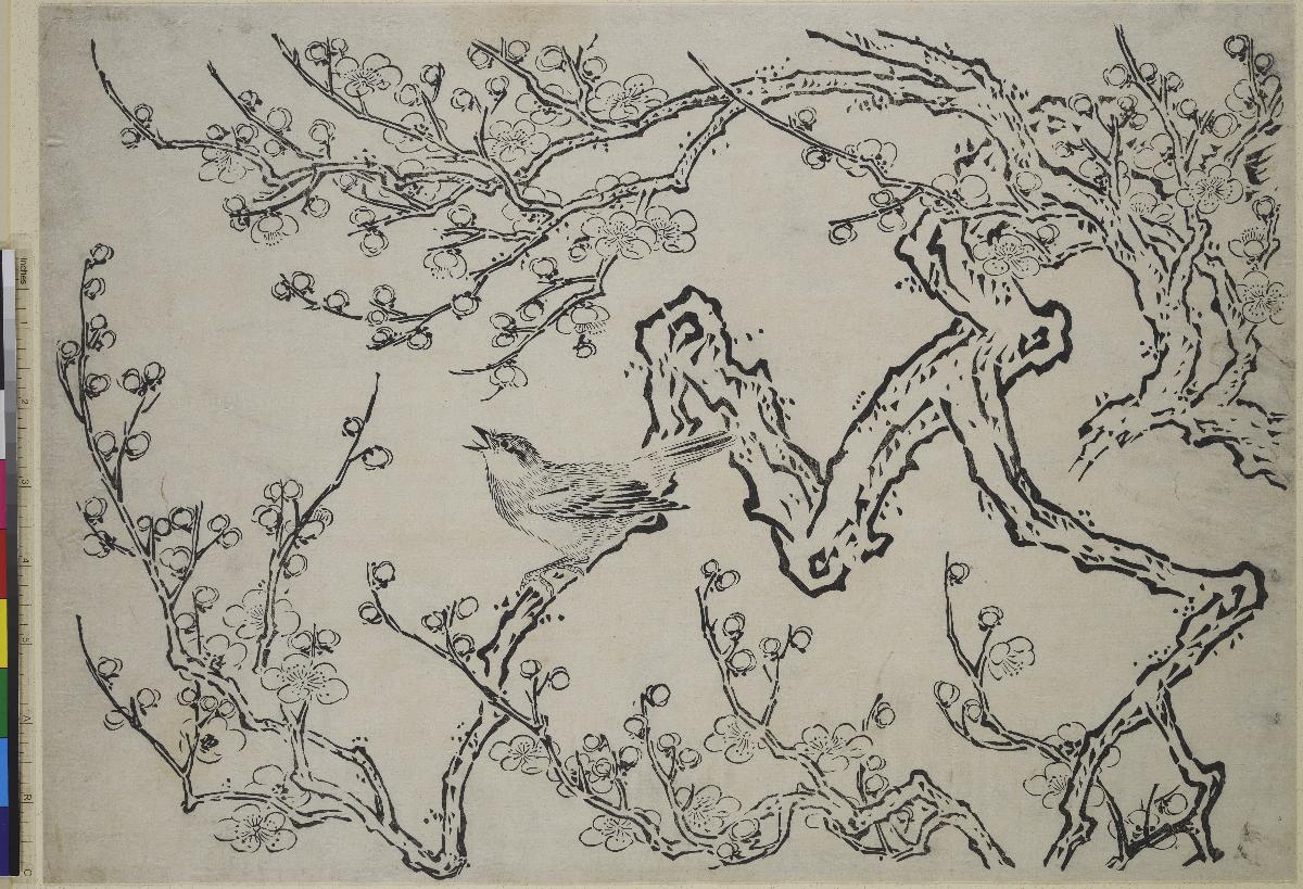 Pflaumenzweig und Singvogel