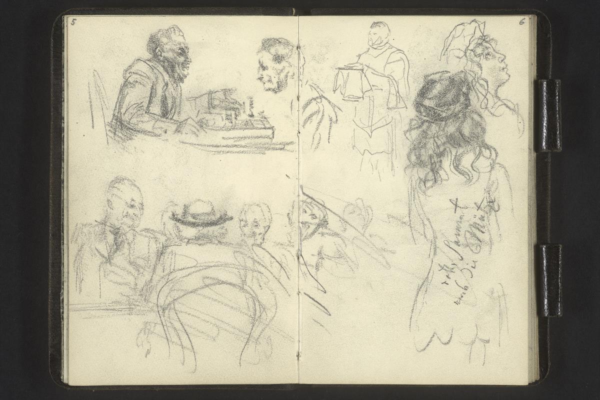 Männer beim Schachspiel, Kellner, Männer und Frauen im Café, Mädchen von hinten, Mädchenkopf