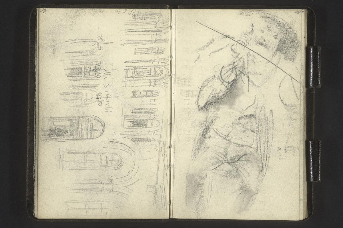 Architekturstudie, sitzende männliche Figur