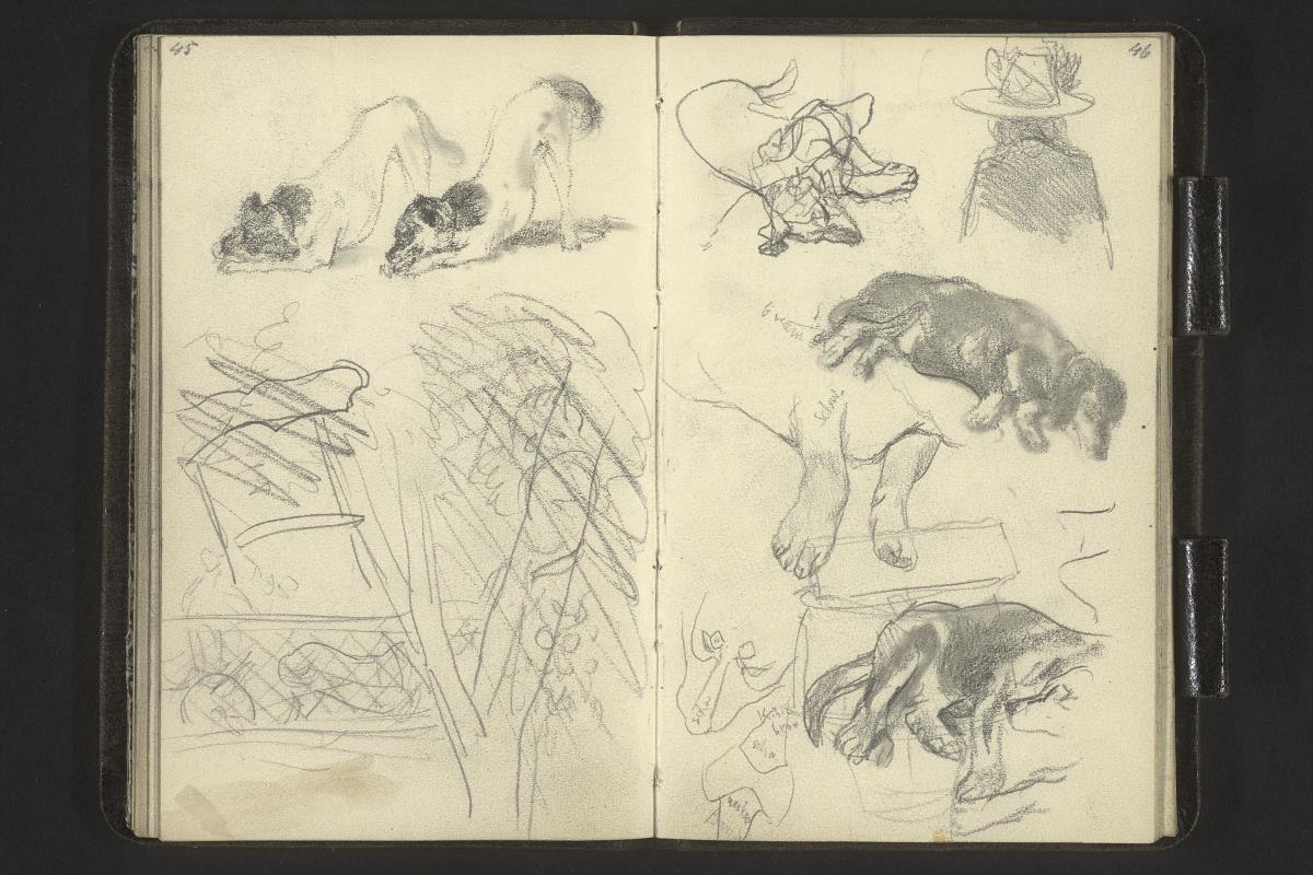 Hundestudien mit Farbangaben, Stuhllehne und Baumstamm (verworfen), Büste einer Figur mit Hut in Rückenansicht