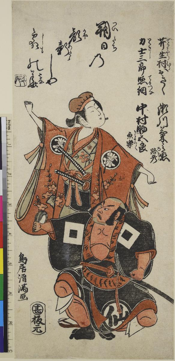 Die Schauspieler Segawa Kikunojō II auch bekannt als Rokō in der Rolle der Omura Okiku und Nakamura Sukegorō I auch bekannt als Gyoraku in der Rolle des Sumō-Ringers Saburō Terutsuna